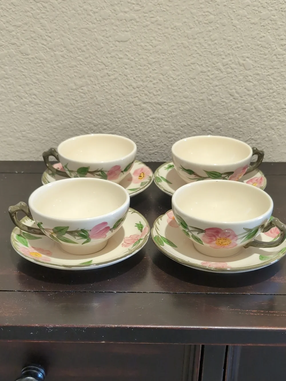 Set Of Four (4) Franciscan Desert Rose Tea Cups And Saucers